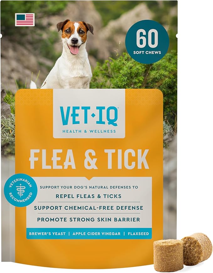VetIQ Flea & Tick Support for Dogs, Flea and Tick Chewable, Supports Dog's Natural Flea Defenses, Free of Added Chemicals and Garlic, Hickory Smoke Flavor, 60 Count