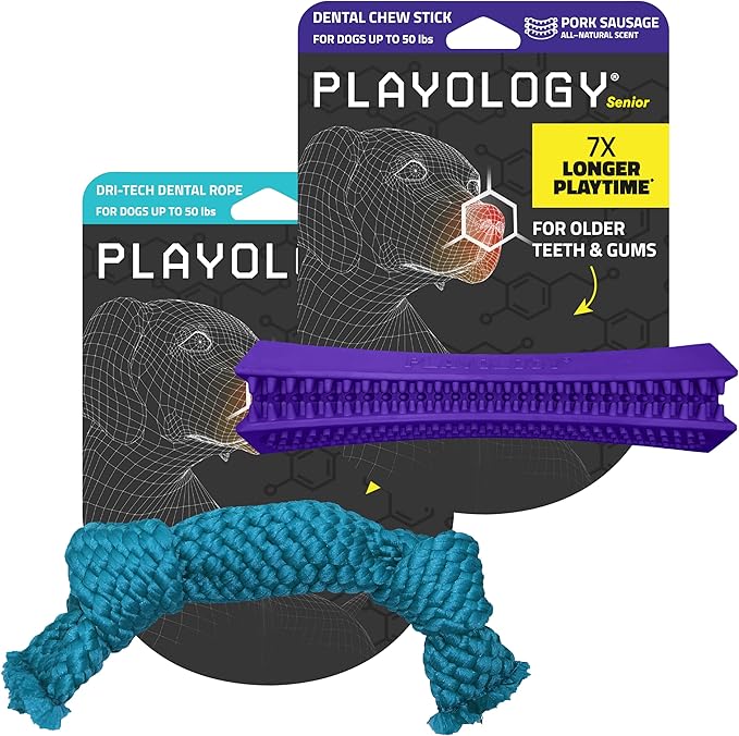 Playology Dog Toys | Dental Chew Toy Variety Pack for Dogs | Medium Pork Sausage Scented Dog Toys | Chew Stick & Dri-Tech Rope for Senior Dogs