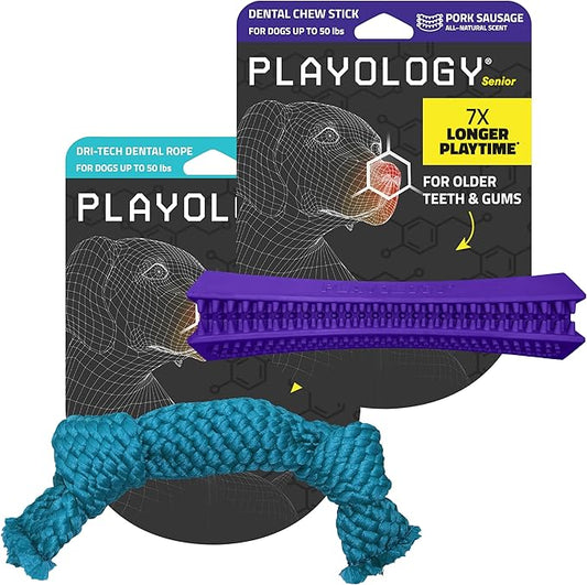 Playology Dog Toys | Dental Chew Toy Variety Pack for Dogs | Medium Pork Sausage Scented Dog Toys | Chew Stick & Dri-Tech Rope for Senior Dogs