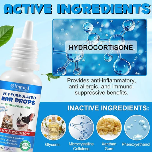 VOSIFSDIY Dog & Cat Ear Infection Treatment Drops, Pets Ear Cleaning Drops with 1% Hydrocortisone for Dog & Cats Yeast Infection, Itchy Ear Relief, Pet Ear Care Supplies for Dogs & Cats -2fl oz