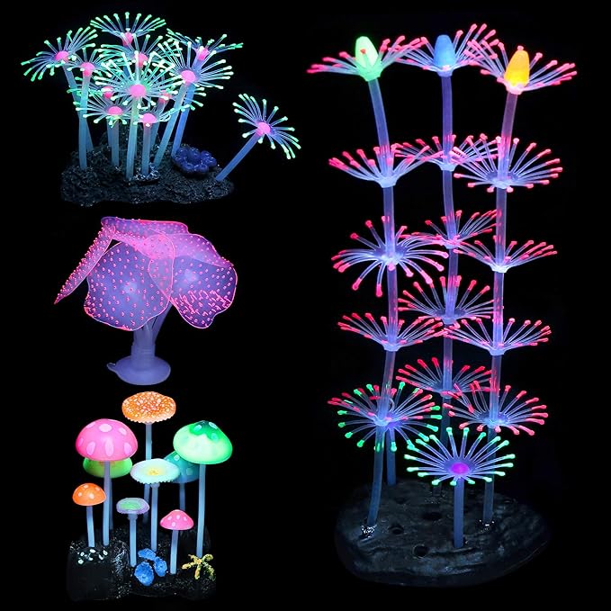 4 Pack Aquarium Fish Tank Decorations: Coral, Mushroom, Anemone, Plants Kit - Glowing Fish Tank Decorations for Small and Large Aquarium Decor Accessories