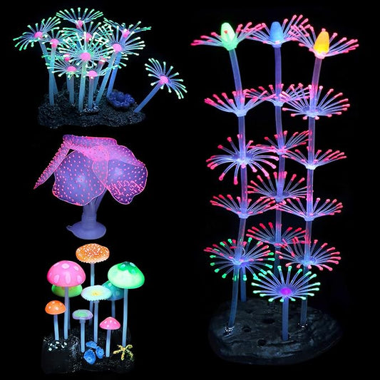 4 Pack Aquarium Fish Tank Decorations: Coral, Mushroom, Anemone, Plants Kit - Glowing Fish Tank Decorations for Small and Large Aquarium Decor Accessories
