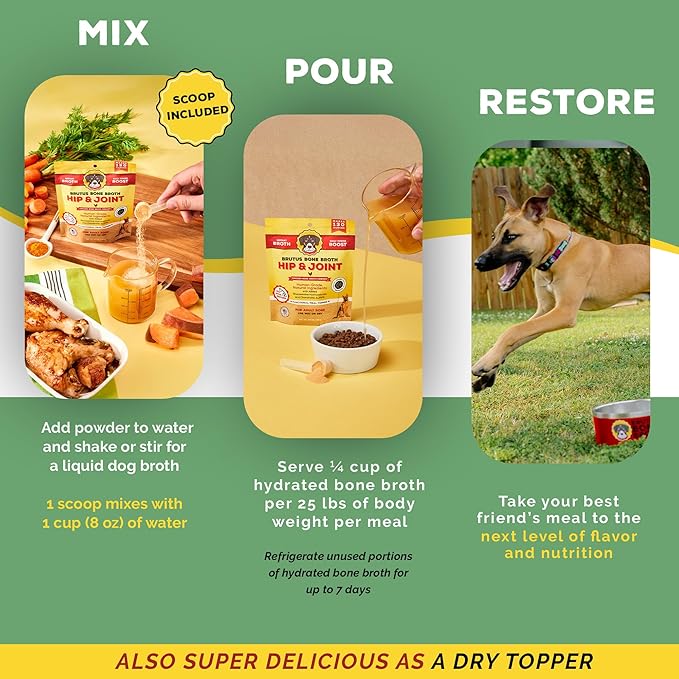 Brutus Broth Dog Food Topper - Instant Bone Broth Powder for Dogs - Supports Hip and Joint Function - Human-Grade Quality, Serve Dry or Wet - Chicken Flavor, 3.5 oz (Pack of 1)