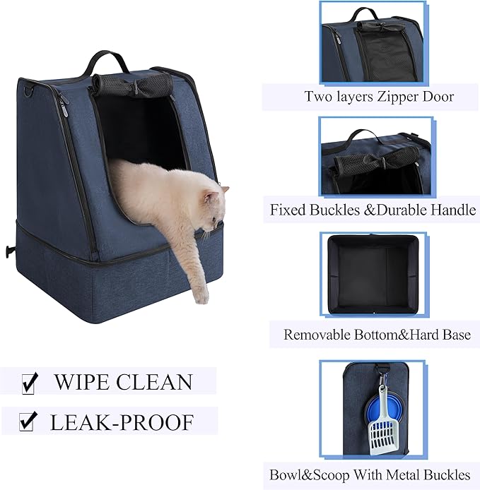 apollo walker Portable Cat Travel Litter Box with Zipped Waterproof Bag,No Collapse with Hard Base Insert at Bottom, No Leakage, No Smell, Easy to Carry, Easy to Use in Hotels, Car Blue