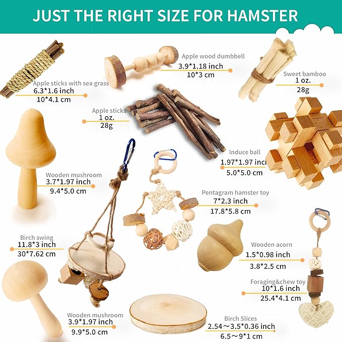 13 PCs Hamster Toys for Hamster, Gerbils, Mice, Rats, and Other Small Animals - Natural Molar Chew & Play Toys to Induce Teeth Grinding, Reduce Boredom and Depression