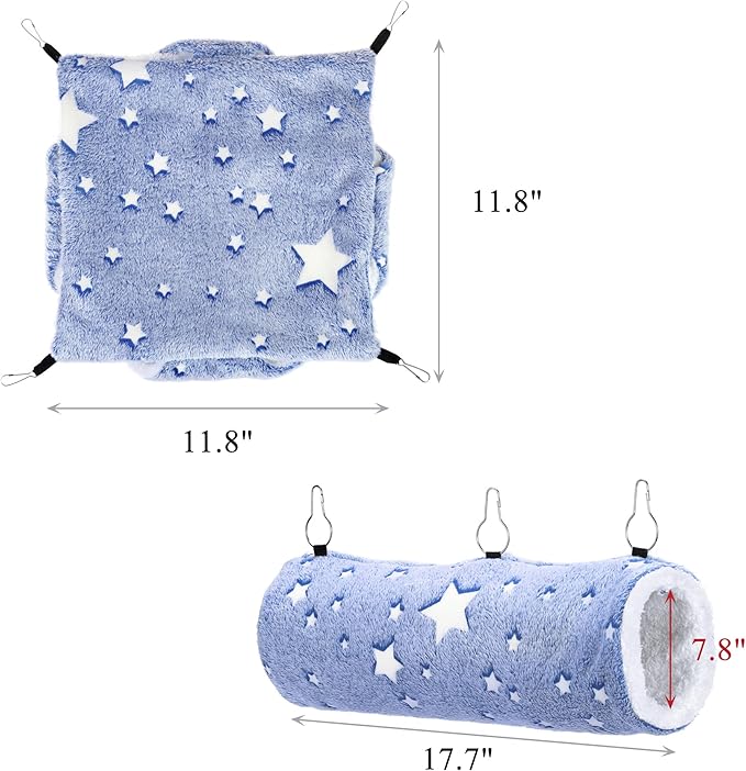 Mogoko Noctilucent Luminous Guinea Pig Rat Hammock Bunkbed Hanging Tunnel and Soft Bed Mat for Ferret Hedgehog Squirrel Hideout Cage Accessories (Tunnel and Bunkbed Hammock)