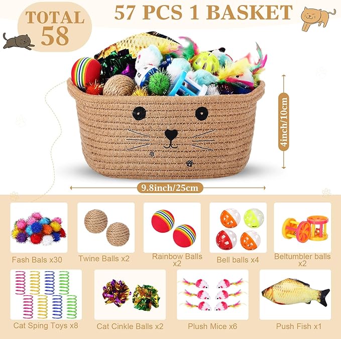 Zopeal 58 Pcs Mother’s Day Cat Storage Basket Gift Toys Set, Colorful Flashing Balls Pet Bell Crinkle Balls Spring Toys Attract Cat to Swat, Hunt, Interactive for Pet(Khaki,9.8 Inch)