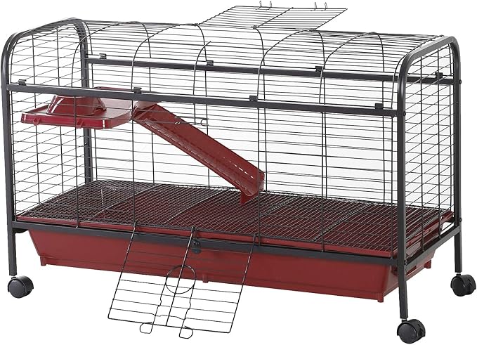 PawHut 41" L Small Animal Cage Rabbit Hutch Ferret Pet Play House with Feeder, Rolling Wheels, Platform, Ramp, Red
