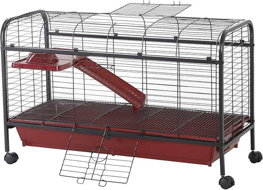 PawHut 41" L Small Animal Cage Rabbit Hutch Ferret Pet Play House with Feeder, Rolling Wheels, Platform, Ramp, Red