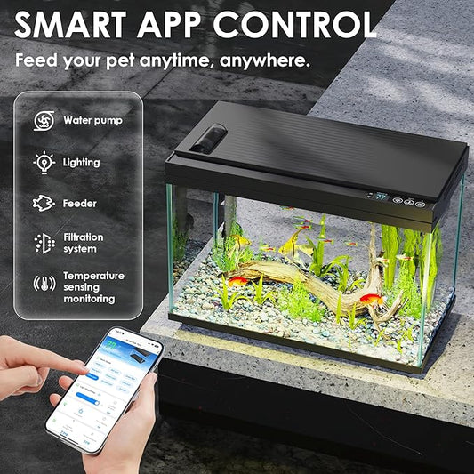 Smart Fish Tank Starter Kit with Smart Temperature Display & Wireless Control, 5.8 Fish Tank Self Cleaning, 3-in-1 Quiet Filter Pump, 7-Color LED, Heater, Feeder for Beginner Aquarium