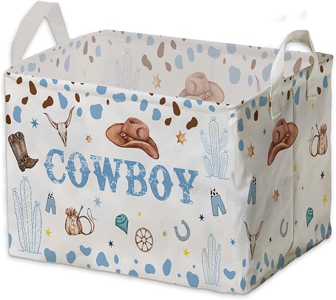 Western Basket for Cowboy Nursery Decor Boy, Blue White Brown Western Toy Bin, Cowboy Baby Shower Decorations, Large Squarecanvas Laundry Hamper With A Waterproof PECoating, Foldable