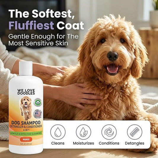 Dog Shampoo, Conditioner & Detangler - Best Shampoo for Goldendoodles, Poodles & Doodles Pet Hair - Hypoallergenic, Tearless, Sensitive Skin for Puppies & All Dog Breeds - Made in USA, 16OZ (Mango)