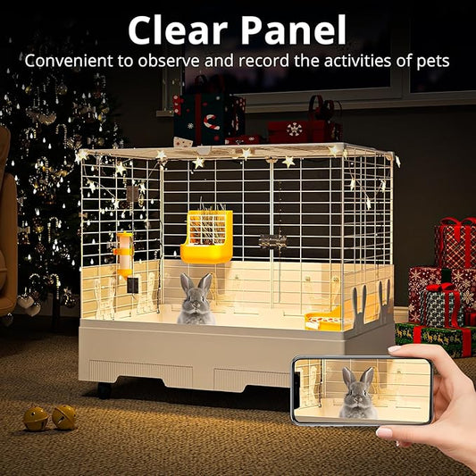 Oneluck Large Rabbit Cage Indoor,2-Story Bunny Hutch with Rasied Urine-Proof Walls, Leak-Proof Trays, Wheels,37" L x22 W x 30" H for Rabbits, Chinchillas, Guinea Pig (Small, Transparent)