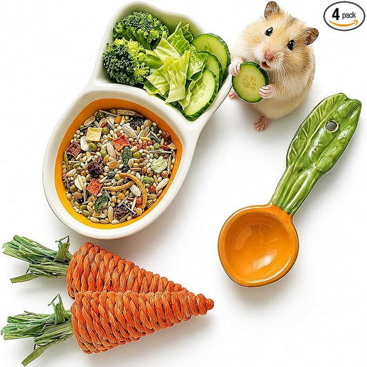 4 Pcs Pet Hamster Cage Accessories, Divisible Ceramic Bowl and Scooper, 2 Chew Toy, for Dwarf Syrian Hamsters Gerbils Mice Degus or Other Similar-Sized Small Pets