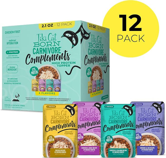 Tiki Cat Born Carnivore Complements Wet Cat Food Topper, High Protein & Limited Ingredient, Variety Pack 2.1 oz. Pouch (12 Per Box)