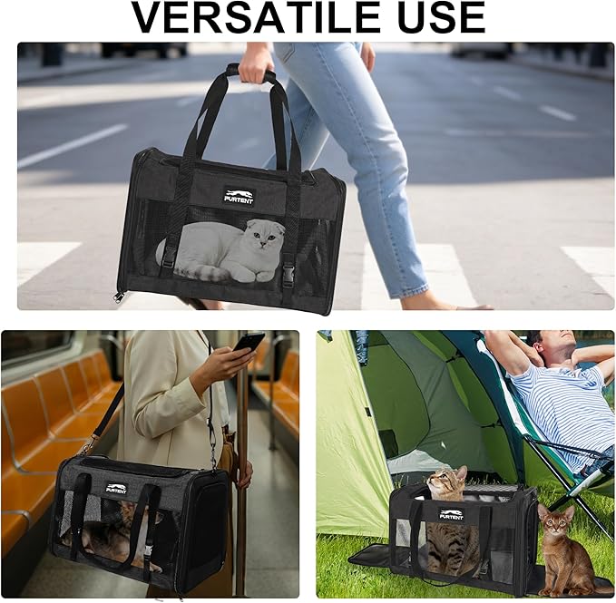 Soft Sided Cat Carrier for Large Cats, Pet Carrier for 2 Cats or Small Dogs Up to 25Lbs, Large Cat Carrier with Shoulder Strap, Cat Car Carrier with Safety Buckle & Cushion, 20x13x13 inches, Black