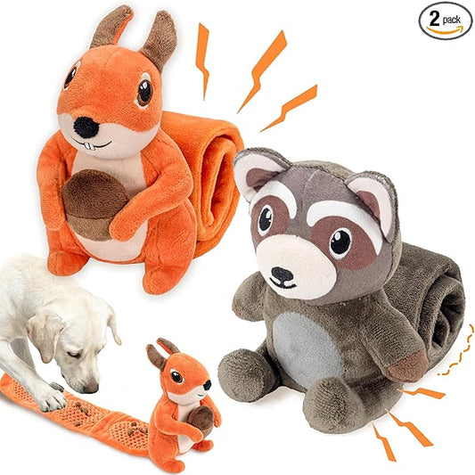 LECHONG 2-Pack Plush Squeaky Dog Toys, 23-Inch Snuffle Puzzle Tug of War Toy with Roll-Up Treat-Hiding Crinkle Tail, Enrichment Toys for Small & Medium Dogs to Relieve Boredom & Mental Stimulation