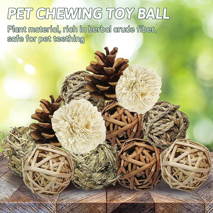 kathson 12 Pack Natural Bunny Chew Balls Small Animal Activity Toys Rabbit Play Ball Rolling Toy Gnawing Treats Timothy Grass Balls for Guinea Pigs Chinchilla Pet Cage Entertainment
