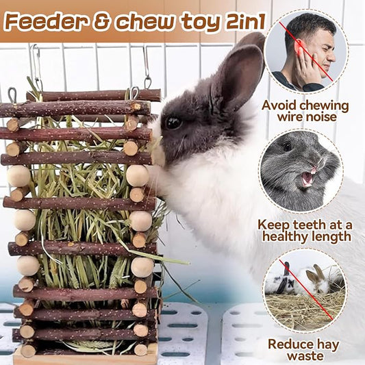 Hanging Apple Wood Rabbit Hay Feeder - Guinea Pig Grass Holder with 2 Hooks Biting Resistant Small Animals Chew Toy, Feeding Hay Manager Shelf for Chinchilla Bunny Hamster Gerbil Holiday Presents