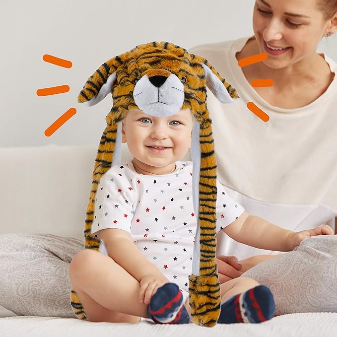 Bubblepompom Animal Hat with Ears Moving Jumping Pop Up Beating Hat Plush Holiday Cosplay Dress Up Funny Gift for Kids
