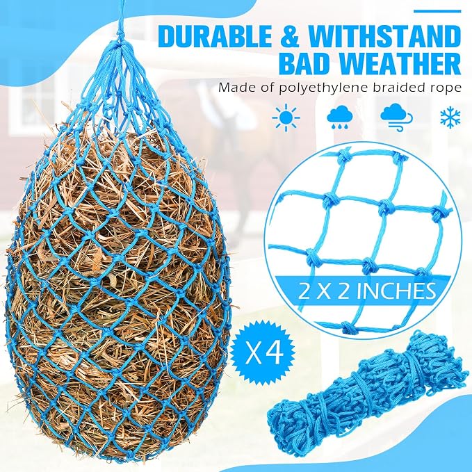 Nuenen 4 Pcs Hay Bags for Horses Goat 40 Inch Oxford Slow Feeder Hay Nets Bag for Horses Sheep Hanging Feeding Supplies Trailer Stable(Sky Blue)