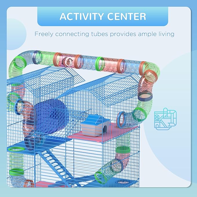 PawHut 18.5" 5 Tier Hamster Cage with Tubes and Tunnels, Small Animal Cage, Rat Gerbil Cage with Water Bottle, Food Dish, Exercise Wheel, Blue