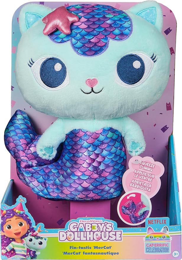 Gabby’s Dollhouse, Fin-Tastic Mercat, Premium Plush Toy, 10-Inch Tall Stuffed Animal with Moving Mermaid Tail, Kids Toys for Girls & Boys Ages 3+