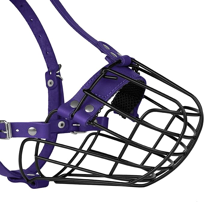 Pitbull Dog Muzzle Breathable Metal Basket for Large Dogs Amstaff Staffordshire Terrier Secure Wire Mask Adjustable Durable Leather Straps Biting Chewing Barking (Purple)
