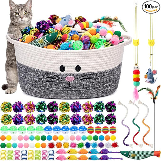 Leitee 100 Pcs Cat Storage Basket Gift Toys Set Cute Cotton Rope Basket, Fish Plush Mice Pet Bell Colorful Crinkle Balls Spring Toys Attract Cat to Swat, Hunt, Interactive for Pet(Basic,Grey,White)