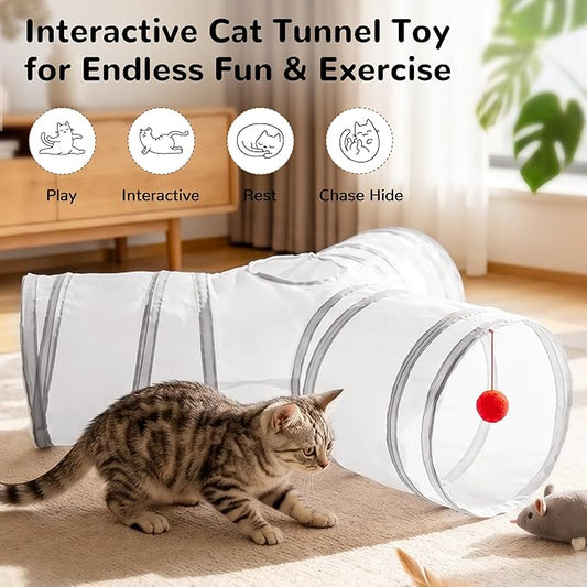 Tempcore Cat Tunnel for Indoor Cats, 3-Way Collapsible Play Tunnel with Teaser Wand, Peek Holes & Toy Ball, Small Pet Toy for Kittens & Rabbits, White & Light Grey