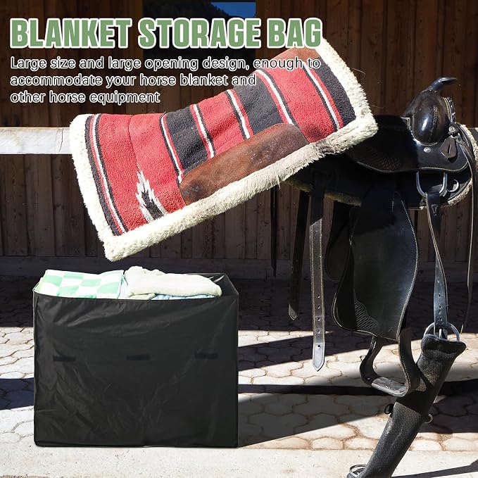 2 Pcs Black Horse Blanket Storage Bag 600D Oxford Fabric 24 x 20 x 9 in Waterproof Dust-Proof Hanging Stall Front Storage Bag Horse Stall Blanket Holder Accessories Organizer