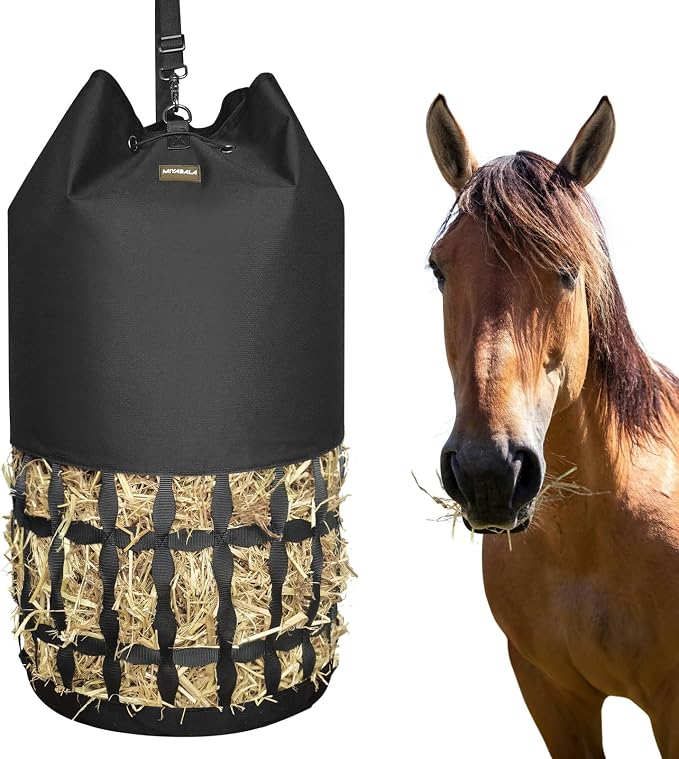 Hay Bags for Horses, Cylindrical Slow Feed Hay Bag with Rounded Diamond Nets Design for Goats,Horse,Donkey,Large Easy-Fill Top with Drawstring and Adjustable Strap