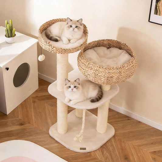 PETSITE 41 Inch Modern Cat Tree for Indoor Cats, Multi-Level Cute Cat Tree with Scratching Posts, Hand-Made Wicker Cat Condo & Top Perch, Dangling Ball, and Sisal Rope, Beige