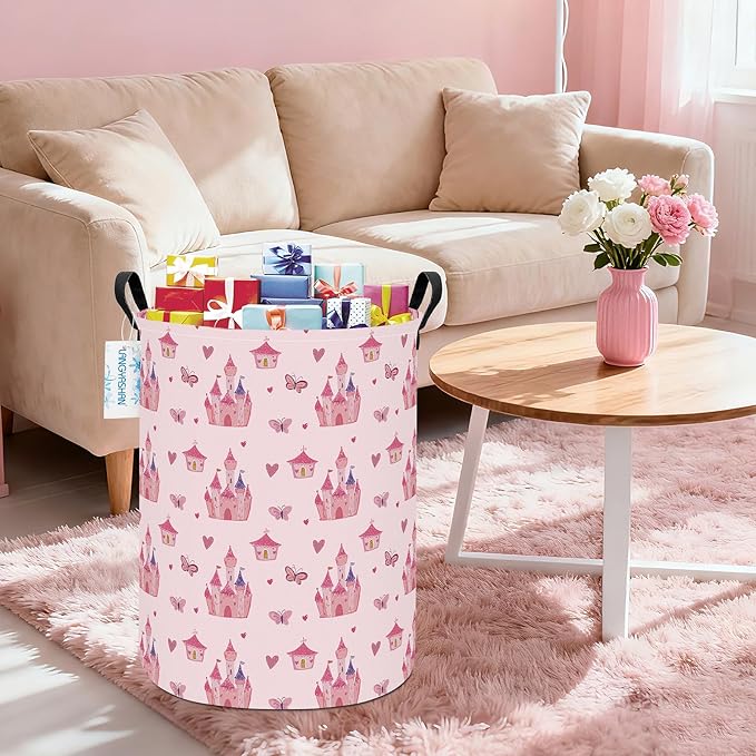 Girl Laundry Basket Canvas Fabric Collapsible Organizer Basket for Storage Bin Toy Bins Gift Baskets Bedroom Clothes Children Nursery Hamper (Pink Castle)