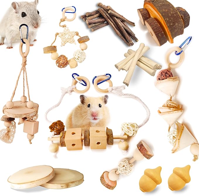 12 PCs Hamster Toys for Hamster, Gerbils, Mice, Rats, and Other Small Animals - Natural Molar Chew Toys to Promote Teeth Grinding, Reduce Boredom and Anxiety