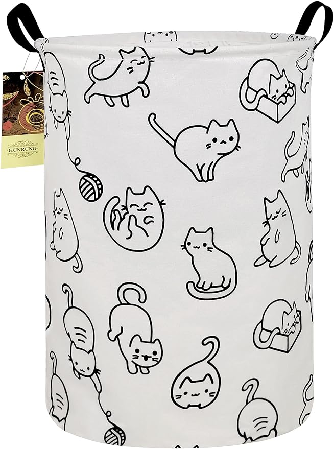 Collapsible Fabric Storage Basket, Waterproof Laundry Hamper with Handles, Round Storage Bin for Clothes Toys, Foldable Organizer for Bedroom Nursery Bathroom(Round-Black cat)