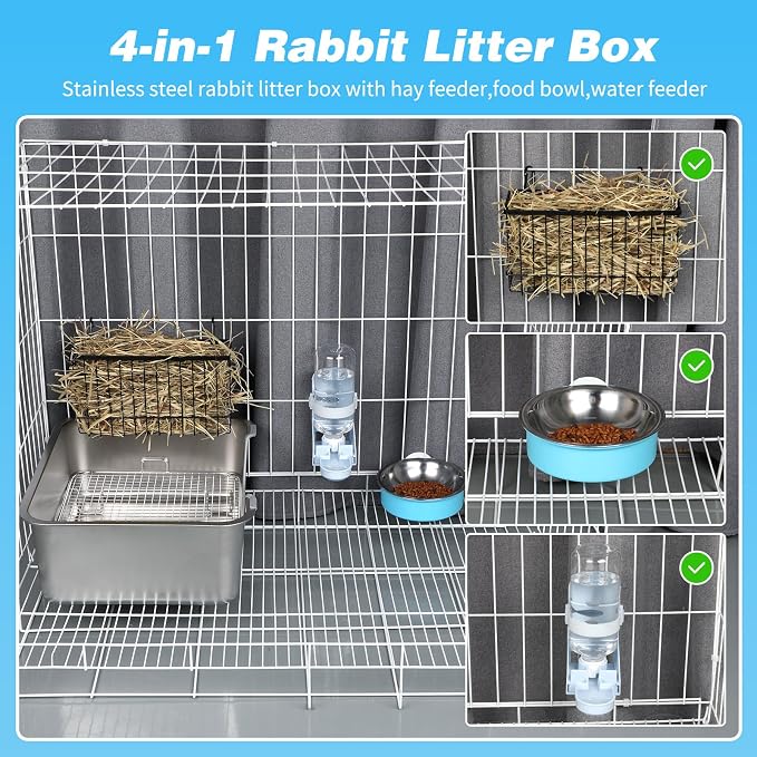 YUEPET 4-in-1 Large Rabbit Litter Box, Non-Slip Stainless Steel Litter Boxes with Sifting Grid & Hay Feeder Food Bowl, Easy Cleaning Bunny Litter Box with Odor Control for Rabbits Small Pets（M）