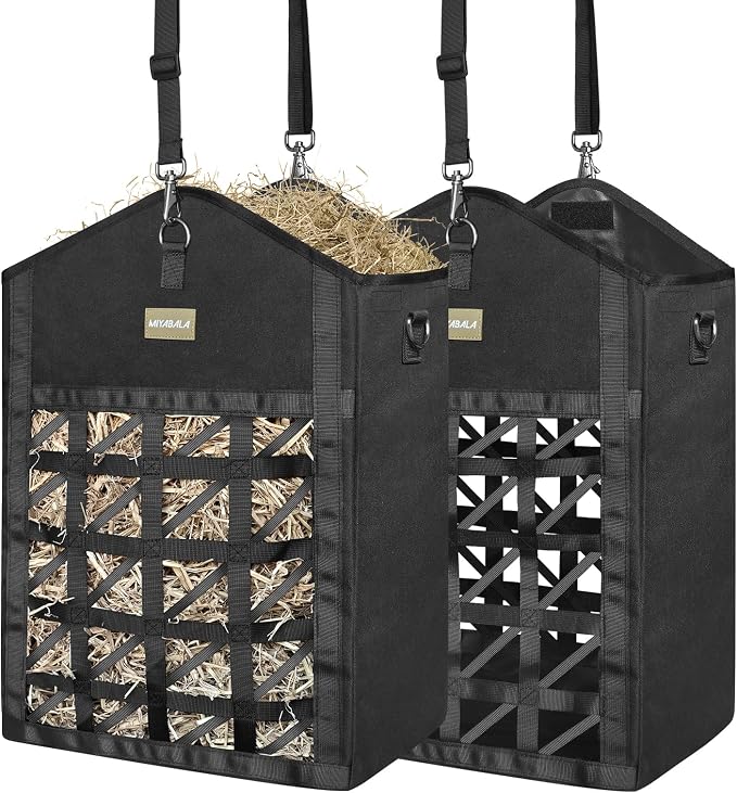 Ultra-Slow Feed Hay Bags for Horses,Two-Sided Premium Oxford Hay Bags with Large Opening,Top with Hook-and-Loop Closure,Adjustable Dual-Purpose Strap for Easy Hanging (Black, Large 2 Pack)