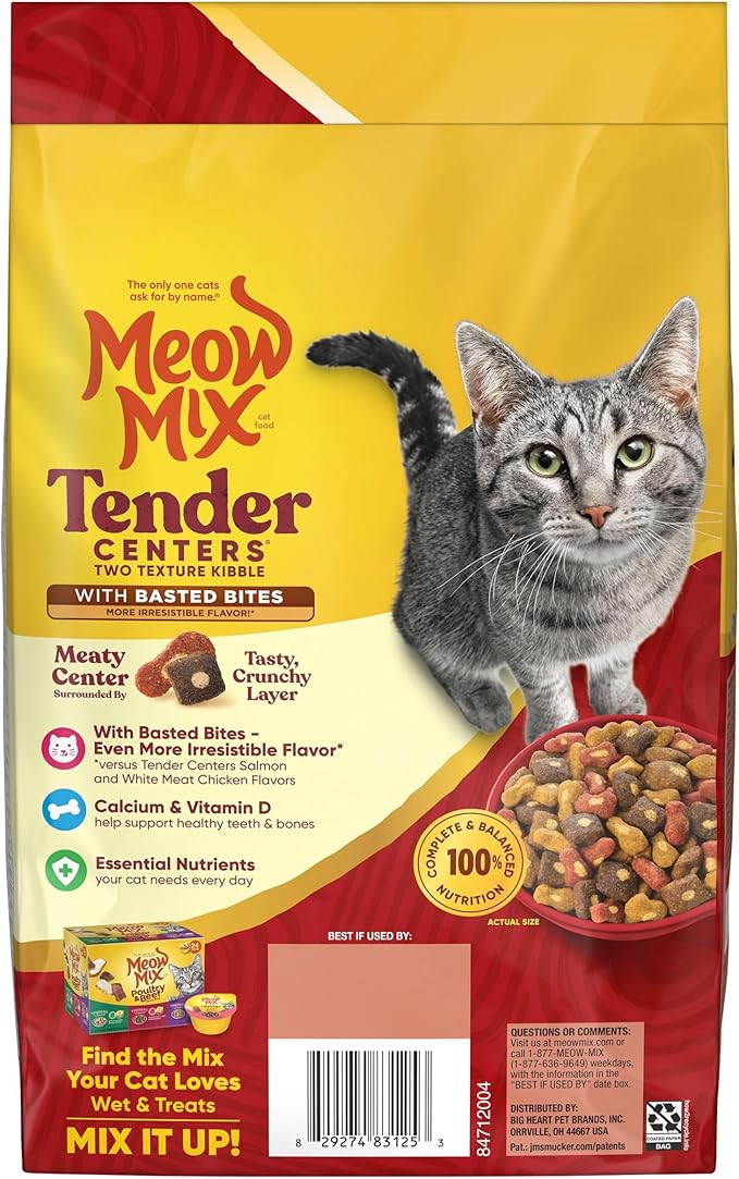 Meow Mix Tender Centers with Basted Bites, Beef & Salmon Flavors, Dry Cat Food, 3 lb. Bag