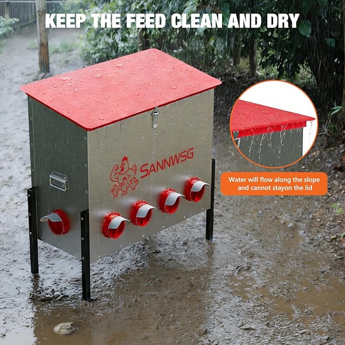 Chicken Feeders,126 lb Capacity 10 Port Automatic Chicken Feeder, Metal Chick Feeder with Locking Lid and Legs, Chicken Feeder for Chickens, Ducks, Geese