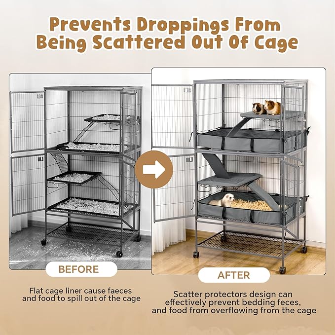 HOMBYS Waterproof Ferret Cage Liner Set with Splash Guard for Ferret Cage, Extra High Edges for Cleanliness, Soft Washable Cage Accessories for Small Animals, Chinchillas, Rats, Hedgehogs, Grey