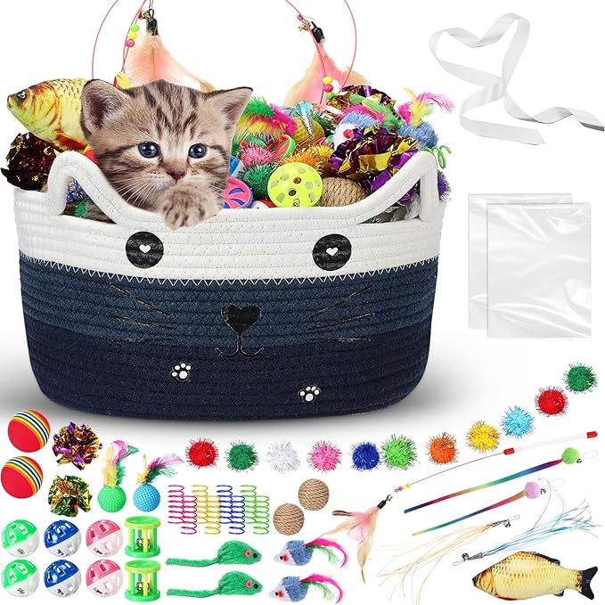Zopeal 76 Pcs Mother's Day Cat Storage Basket Gift Toys Set Interactive Cat Toys Kitten Wand Colorful Flashing Balls Pet Crinkle Balls Attract Kitten to Swat, Hunt for Pet Indoor(Blue)