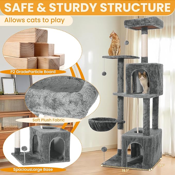 54-Inch Cat Tree Tower with 2 Caves & 2 Pompoms - Multi-Level Tower for Indoor Cats, Soft Plush Condo with Scratching Posts - Sturdy Base for Large Cats(Gray)