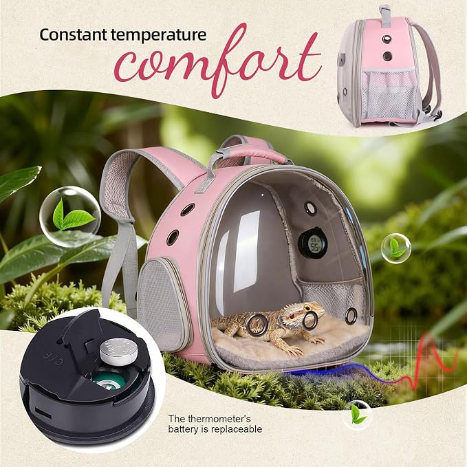 Bearded Dragon Travel Backpack Carrier with Reptile Thermometer and Humidity Gauge Lizard Travel Cage Space Capsule Clear Bubble Window Astronaut Reptile Bag for Ball Python (Pink, Backpack)