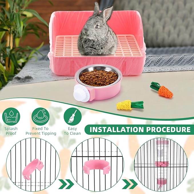 34 Pcs Rabbit Starter Kit Rabbit Litter Box Small Animal Water Bottle Cups Bunny Tunnels Animal Grooming Kit Bowl Blanket with Cleaning Set for Guinea Pig Bunny Accessories(Style 1,Pink)