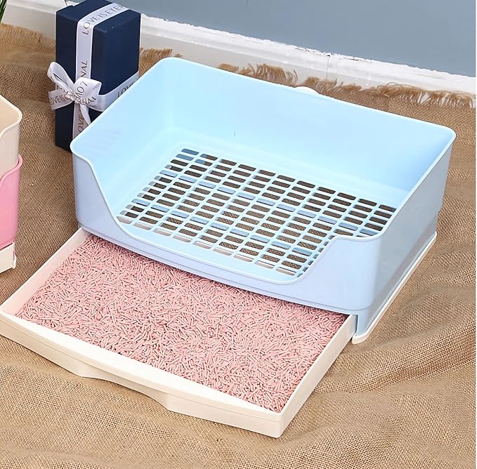 Large Rabbit Litter Box,Corner Potty Trainer with Drawer for Small Animals, Easy Clean Bedding Toilet for Adult Bunny, Guinea Pig, Ferret, Hamster (Blue)