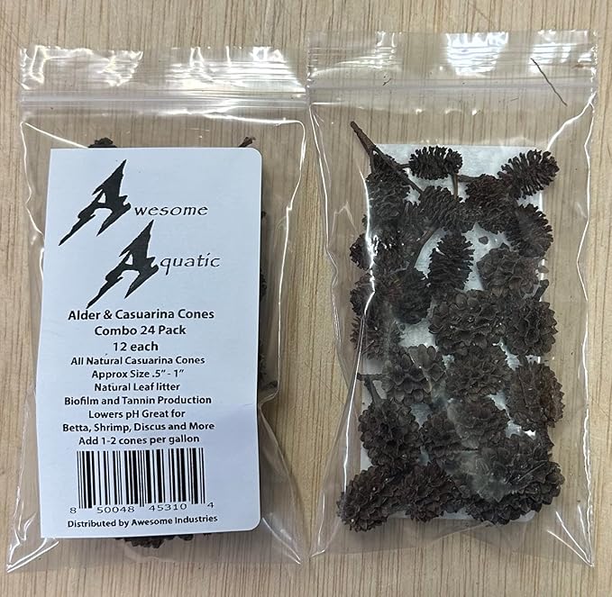 Alder & Casuarina Cones Betta Shrimp Tank Promotes Natural Habitat, Breeding, Tannin Producing Improves Immunity, Easy to Use, by Awesome Aquatic (24-12 ea Alder/Casuarina)