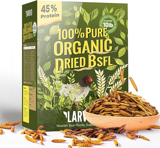 10LB Non-GMO Black Soldier Fly Larvae for Chickens 45% Protein High Calcium Chicken Feed Alternative to Mealworms, Dried BSF Larvae Chicken Treats for Laying Hens Ducks Birds Reptiles