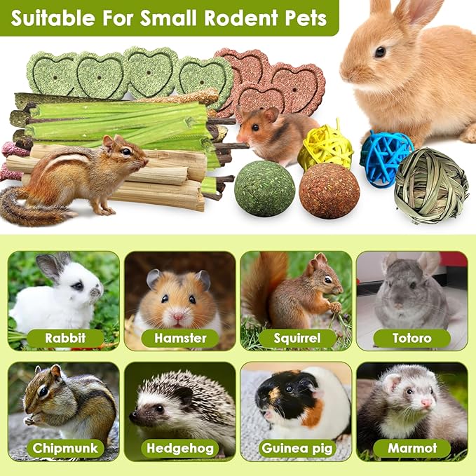72Pcs Bunny Chew Toys with Applewood Hanging Strings, BunnyTreats for Rabbits Bunny Toys for Teeth, Papaya Stem, Timothy Stick, Apple Sticks, Sweet Bamboo, for Guinea Pig, Hamster, Chinchilla, Rat