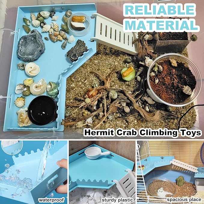 Hermit Crab Accessories - Platform with Ladder and Food Dish, Hermit Crab Climbing Toys, Habitat Supplies and Tank Accessories for Reptiles, Hamsters, Geckos, Small Lizards